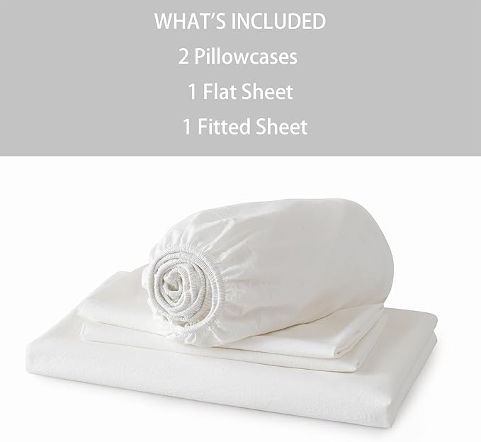 JIYUAN King Size Sheet Set, 4-Piece - 100% Washed Cotton, Linen-Like Soft & Breathable, Includes Deep Pocket Fitted & Flat Sheet with 2 Pillowcases, Hotel Quality, Solid Off White