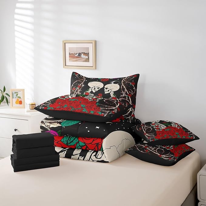 Erosebridal Sugar Skull Comforter Set 7 Piece Bed in a Bag Twin,Gothic Bone Skeleton Halloween Decorations Bedding Sets Red Rose Sheet Set with Comforter