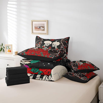 Erosebridal Sugar Skull Bed in a Bag King Size Comforter Set 7 Pieces,Gothic Bone Skeleton Halloween Decorations Bedding Sets Red Rose Sheet Set with Comforter