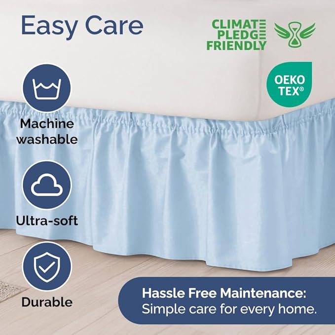 Wrap Around Dust Ruffle Bed Skirt - Sky Blue - Twin/Twin XL Size Beds w/ 12 Inch Drop - Easy Fit Elastic Strap - Adjustable Pleated Bedskirt w/Brushed Fabric - Wrinkle Free, Women, Men, Kids & Teens