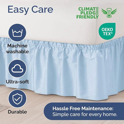Wrap Around Dust Ruffle Bed Skirt - Sky Blue - for Queen Size Beds w/ 12 Inch Drop - Easy Fit Elastic Strap - Adjustable Pleated Bedskirt w/Brushed Fabric - Wrinkle Free, Women, Men, Kids & Teens
