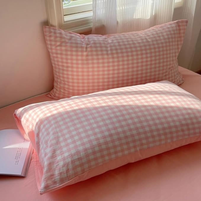 Nayoroom Pink Gingham Duvet Cover Queen Size Reversible Plaid Checkered Duvet Cover 3 Pieces Soft Breathable Washed Microfiber Girls Dorm Bedding Set for All Season