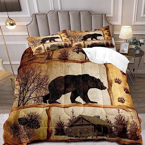 LUVIVIHOME 3PCS Rustic Cabin Comforter Set Queen Size, Moose Bear Bedding Brown Quilt, Deer Woodland Forest Animal Wildlife Hunting Hunter Lodge Country Rustic Farmhouse Bedroom Decor, 2 Pillow Shams