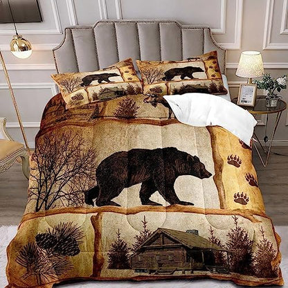 LUVIVIHOME 3PCS Rustic Cabin Comforter Set Queen Size, Moose Bear Bedding Brown Quilt, Deer Woodland Forest Animal Wildlife Hunting Hunter Lodge Country Rustic Farmhouse Bedroom Decor, 2 Pillow Shams