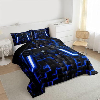 Erosebridal Gamer King Comforter Set for Boys Blue Gaming Kids Bedding Set Geometric Game Console Comforter for Teen Video Game Room Decor 3 Piece Neon Lights Gamepad Lightweight Bed Comforter Set