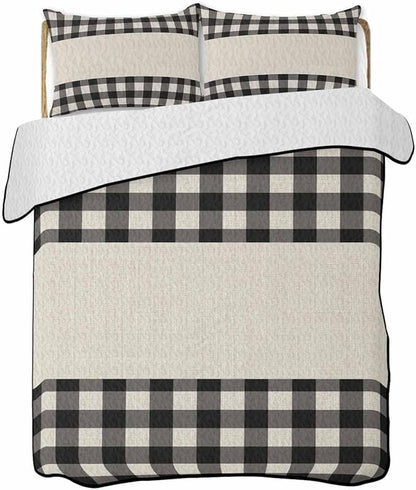 Twin Quilt Bedding Set, Retro Black Lightweight Summer Quilt 3 Pieces Bedding Sets, Farmhouse Buffalo Plaid Vintage Beige Reversible Soft Bedspreads Coverlets with 2 Pillow Shams for All Season