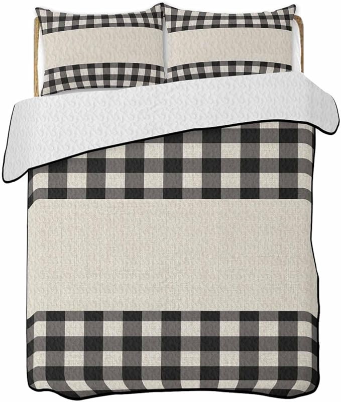 Quilts Queen Size, Retro Black Soft Comforter Bedding Set for Bed, Farmhouse Buffalo Plaid Vintage Beige Lightweight Quilted Bedspread with Pillow Cover(2 Pieces) for All Season, 90x96 Inch