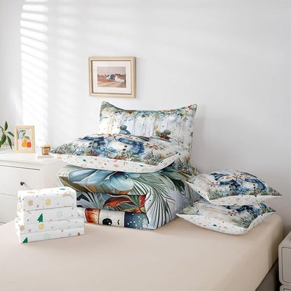 Castle Fairy Funny Xmas Snowman Reversible 7 Pieces Comforter Set,Blue Christmas Flowers Bed Sheet Set for Kids Teens Boys,Botanical Fruits Plants Bedding Set with Comforter,Fitted & Flat Sheet,Queen