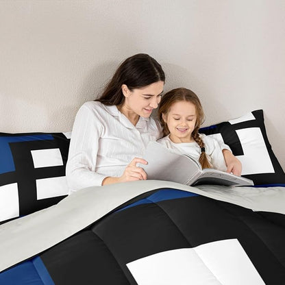 Erosebridal Blue Black and White Striped Twin Bedding Sets for Adult Women Men Square Abstract Comforter Set Modern Geometric Stripes Bold Lines Quilt Set Minimalist Plaids Bed Collections