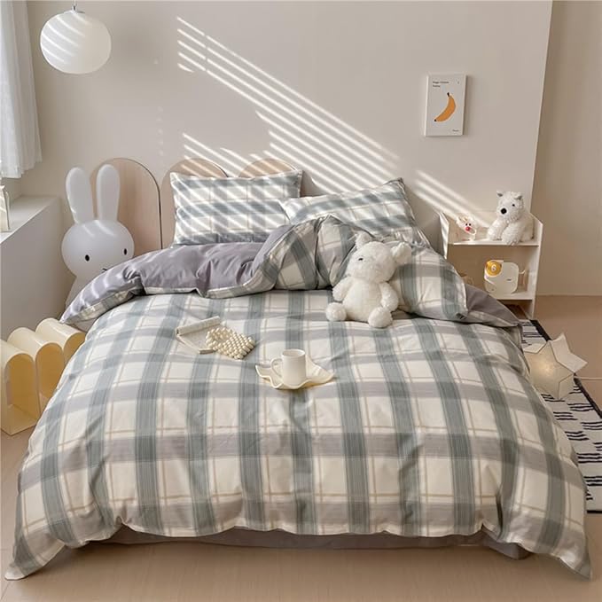 VM VOUGEMARKET Plaid Bedding Comforter Set King Green Grid Down Comforter with 2 Pillowcases,Modern Men Boy's Quilt Set