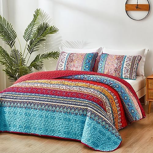 WONGS BEDDING Boho Quilt Queen Size,3 Pcs Bedspread Set, Red