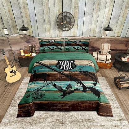 Kids Wild Animal Hunting Bedding Set for Boys Girls,Hunt Fish Themed Retro All Season Cozy Comforter Set Home Decor,Farmhouse Rustic Wooden Board Duvet Set for Chic Birthday Gift, Full Size