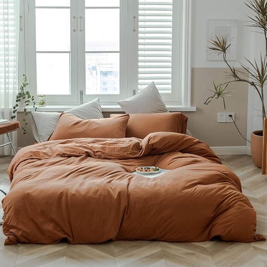 VM VOUGEMARKET Jersey Duvet Cover Queen,Pumpkin Duvet Cover with 2 Pillowcases,Super Soft Burnt Orange Bedding Set for Men Women Without Filling-Full/Queen,Pumpkin