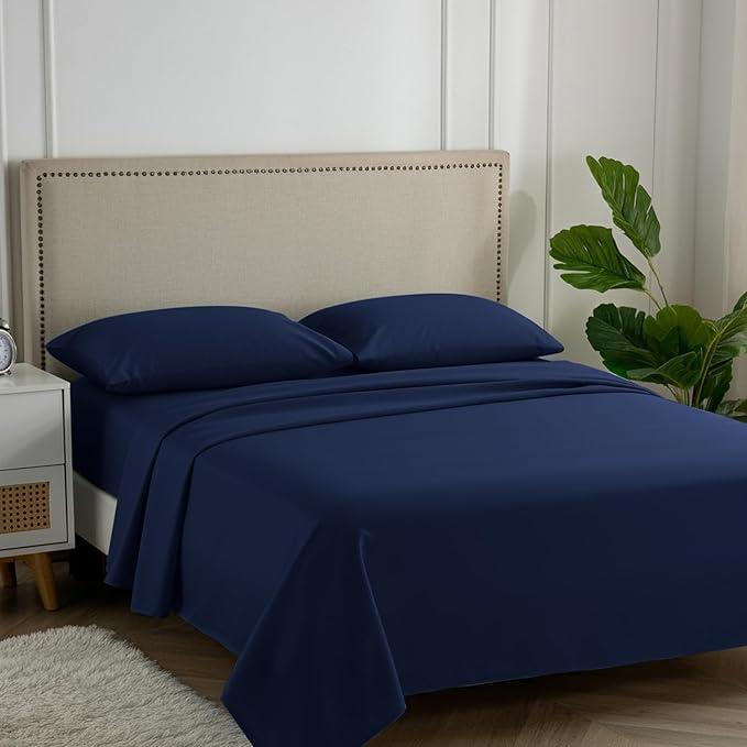 Carressa Linen 100% Egyptian Cotton Full Size Sheet Set - Luxury 600 Thread Count Egyptian Cotton Sheets Full Size (Navy Blue), Silky Soft, Cooling, Sateen Weave 16" Deep Pocket Hotel Quality Sheets