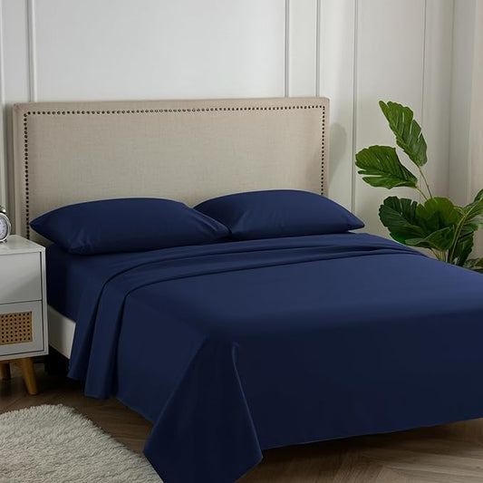 Carressa Linen 100% Egyptian Cotton Full Size Sheet Set - Luxury 600 Thread Count Egyptian Cotton Sheets Full Size (Navy Blue), Silky Soft, Cooling, Sateen Weave 16" Deep Pocket Hotel Quality Sheets