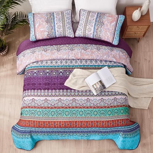 WONGS BEDDING Purple Quilt Queen Size, Boho Stripe Bedding Set, 96"x90"