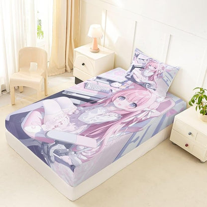 Erosebridal Kawaii E-Sports Girl Fitted Sheet Twin 3D Japanese Girl Bed Sheets for Boys Girls Girly Gaming Bed Set Anime Gifts for Her Sheets with 1 Pillowcase