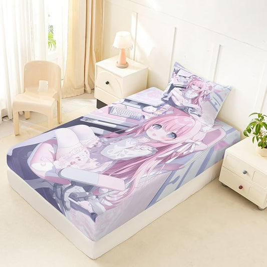 Erosebridal Kawaii E-Sports Girl Fitted Sheet Twin 3D Japanese Girl Bed Sheets for Boys Girls Girly Gaming Bed Set Anime Gifts for Her Sheets with 1 Pillowcase