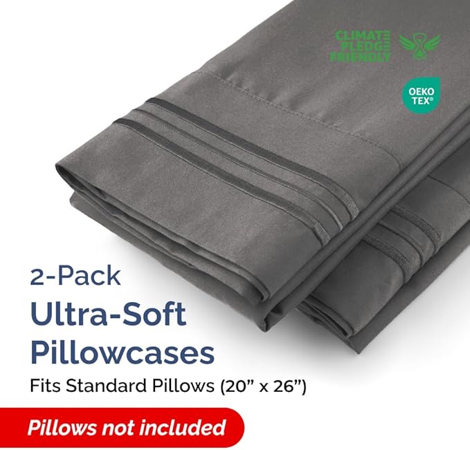 Standard Pillow Cases Set of 2 - Ultra-Soft Hotel Quality Pillowcase Covers - Comfy & Wrinkle Free - Stain and Fade Resistant - Machine Washable Pillow Protectors - 2 Piece Set - Standard Charcoal