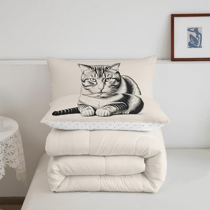 Erosebridal Kitten Bedding Set Toddler Size Sketch Cat Comforter Set for Kids Boys Girls 3D Kawaii Pet Animal Cute Beige Grey Comforter Warm Soft Quilt Insert