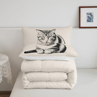 Erosebridal Kitten Bedding Set Toddler Size Sketch Cat Comforter Set for Kids Boys Girls 3D Kawaii Pet Animal Cute Beige Grey Comforter Warm Soft Quilt Insert