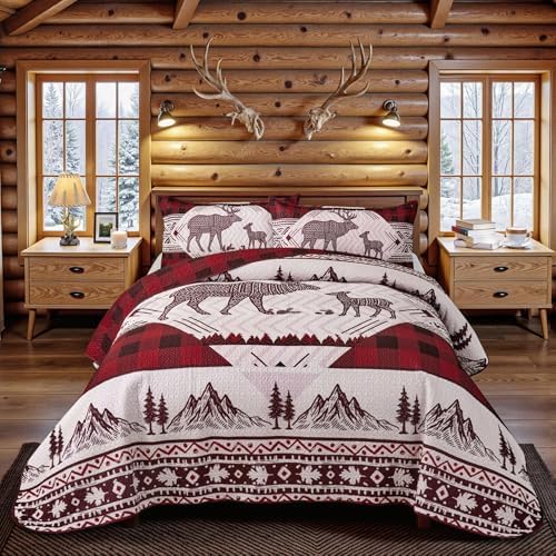3 Piece Cabin King Size Quilt Sets Christmas Rustic Reversible Microfiber Soft Lightweight Farmhouse Bedspread Comforter with 2 Shams Patchwork Country Lodge Bedding for All Season, 106''x96'', Red