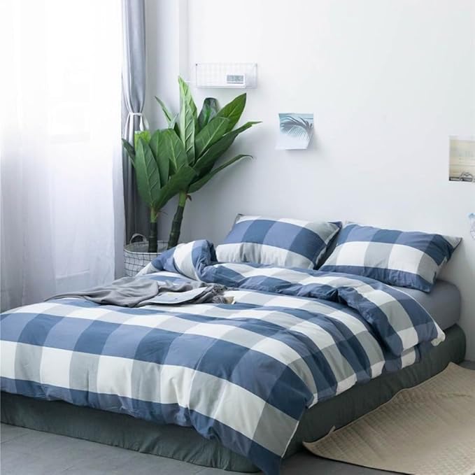 LifeTB Blue White Plaid Duvet Cover Queen Modern Soft 100% Cotton Comforter Cover Simple Style Plaid Grid Duvet Cover with 2 Pillowcases Blue White Grey Checked Bedding Set Full Queen