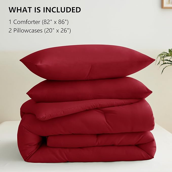 CozyLux Full Size Comforter Set Dark Red, 3 Pieces Solid Breathable Quilted Bedding Sets, Luxury Lightweight Soft Bed Set with Down Alternative Comforter and 2 Pillowcases for All Seasons