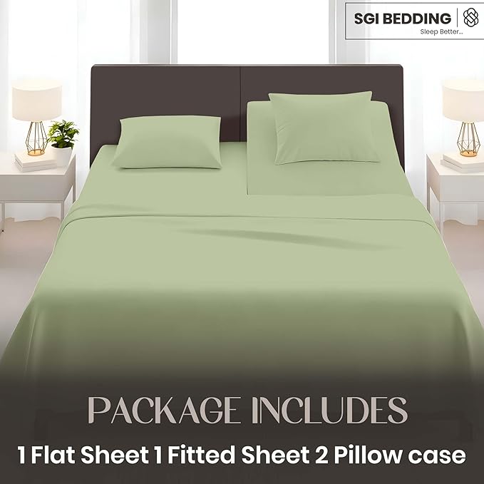 SGI bedding Adjustable Split Head Flex Top King 34" Microfiber Sheet Set Ultra Soft, Cooling & Deep Pocket 15 Fitted, 4-Piece Breathable & Durable Bedding Set for Split King Beds -Sage