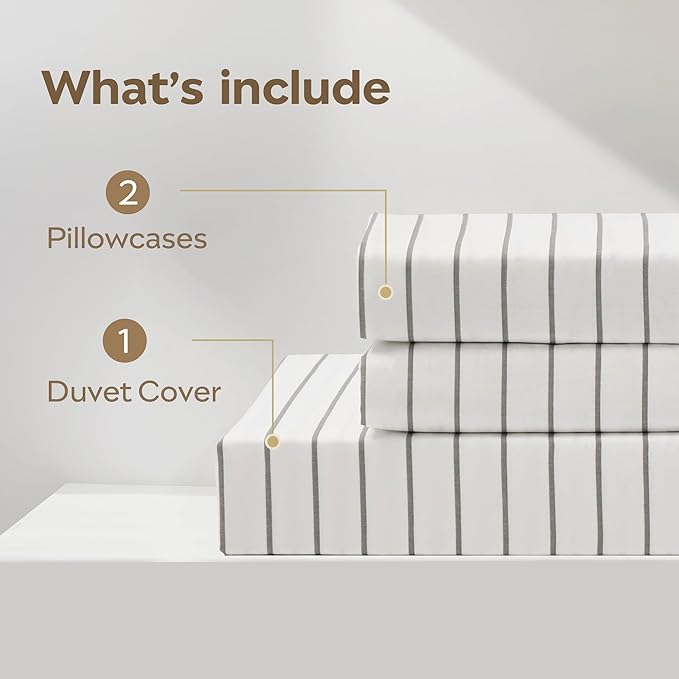JELLYMONI Striped Duvet Cover Set - Twin Size 100% Cotton - 2PCS White & Grey Vertical Stripes Bedding - Hidden Zipper Closure & 8 Corner Ties - Breathable Comforter Cover for Bedroom