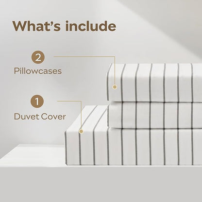 JELLYMONI Striped Duvet Cover Set - Full Size 100% Cotton - 3PCS White & Grey Vertical Stripes Bedding - Hidden Zipper Closure & 8 Corner Ties - Breathable Comforter Cover for Bedroom