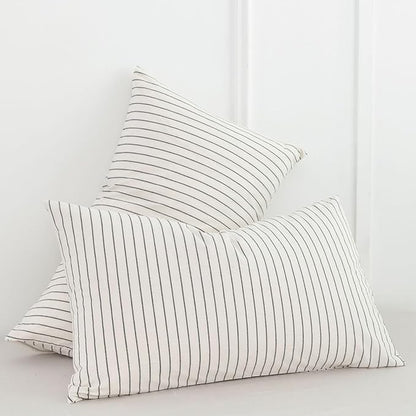 MooMee Bedding Pillowcases Striped Pack of 2 100% Washed Cotton Linen Like Textured Breathable Durable Soft Comfy (White Dark Grey Wide Stripes, Standard)