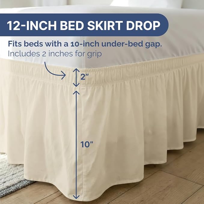 Wrap Around Dust Ruffle Bed Skirt - Off White - for King Size Beds w/ 12 Inch Drop - Easy Fit Elastic Strap - Adjustable Pleated Bedskirt w/Brushed Fabric - Wrinkle Free - Women, Men, Kids & Teens