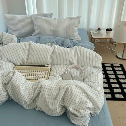Nayoroom Blue Striped Duvet Cover Queen Size 100% Washed Cotton Duvet Cover Linen Like Textured, Reversible 3 Pieces Soft Breathable Yarn-Dyed Stripe Girls Dorm Bedding Set for All Seasons