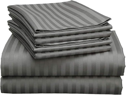 Mattress-Homes Extra Deep Pocket 6 Piece Full Sheet Set, Hotel Luxury Collection, 100% Egyptian Cotton, 21" Deep Fitted Sheet, Soft, Cool & Breathable Bedding with 4 Pillowcases in Dark Grey Stripe