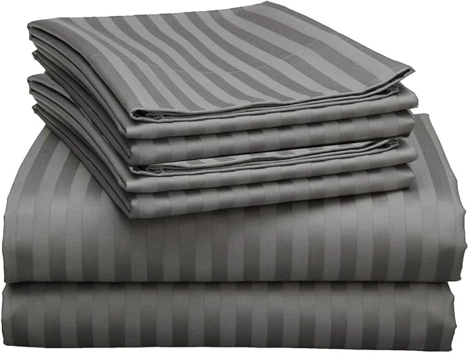 Mattress-Homes 6 Piece Queen Sheet Set, Hotel Luxury Collection, 100% Egyptian Cotton, 18 Inch Deep Pocket Fitted Sheet, Soft & Cool, Breathable Bedding with 4 Pillowcases in Dark Grey Stripe