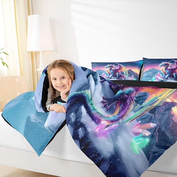 Feelyou Dragon Kids Comforter Set Queen Size Dragon Stuff Bedding Set Wild Life Duvet Quilt for Kids Boys Girls Bedroom Magic Wildlife Decor Purple Bluish Microfiber Ultra Soft Breathable