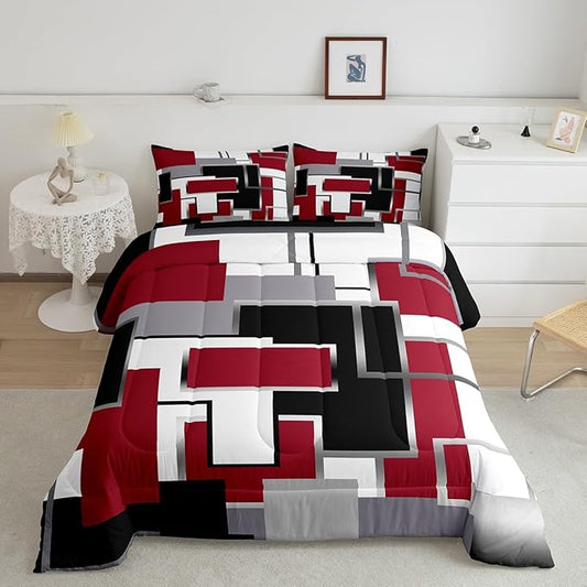 Erosebridal Modern Queen Comforter Set,Black White Red Bedding Set for Teens Youth Adult,Geometric Plaid Square Quilt Set,Contemporary Artwork Duvet Insert with 2 Pillowcases