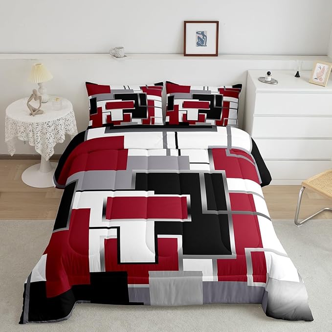 Erosebridal Modern Comforter Set Full Size,Black White Red Bedding Set for Teens Youth Adult,Geometric Plaid Square Quilt Set,Contemporary Artwork Duvet Insert with 2 Pillowcases