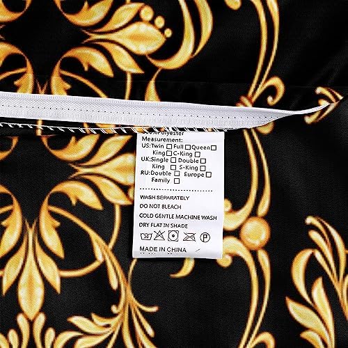 Golden Scrolls Print Duvet Cover and Pillow Shams Gold Leaves Deco for Girls and Boys Bedding Set Full Size Black Color Bed Sets
