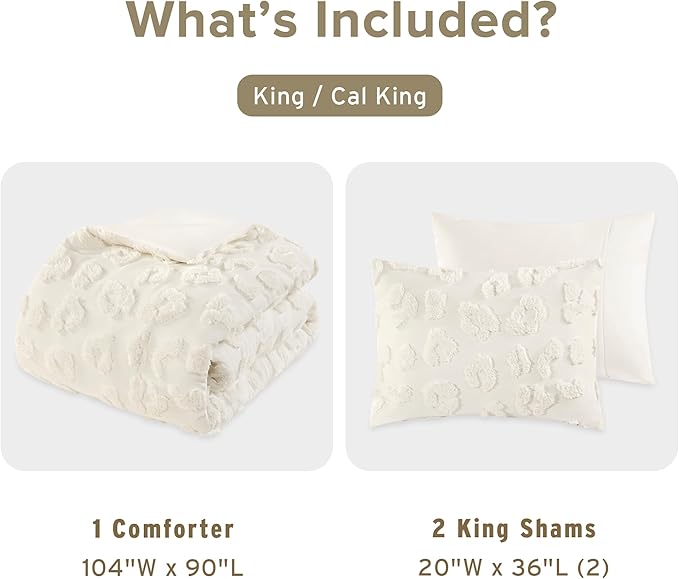 Intelligent Design King Comforter Set Chenille Tufted Animal Print Pattern Comforters King Size, All Season Fluffy Bedding Soft Microfiber Reverse, Larissa, King/Cal King Off-White 3 Piece