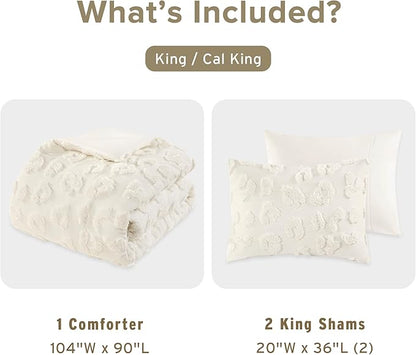 Intelligent Design King Comforter Set Chenille Tufted Animal Print Pattern Comforters King Size, All Season Fluffy Bedding Soft Microfiber Reverse, Larissa, King/Cal King Off-White 3 Piece