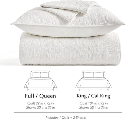 EVERGRACE 100% Cotton Paisley Quilt Set, King Size 3 Piece Set – Prewashed Lightweight Bedspread with 2 Shams, Soft & Breathable Matelasse Coverlet for All-Season Comfort, Bright White