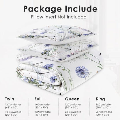 King Size Comforter Set with 2 Pillowcases, Summer Flower Painting Dragonfly Floral Soft 3 Pcs Bedding for Kids and Adults Bedroom Bed Decor