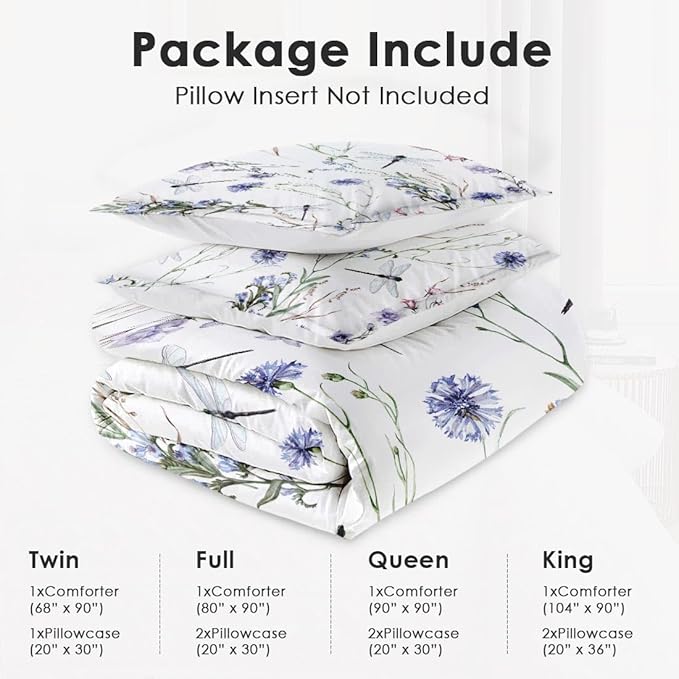 Full Size Comforter Set with 2 Pillowcases, Summer Flower Painting Dragonfly Floral Soft 3 Pcs Bedding for Kids and Adults Bedroom Bed Decor