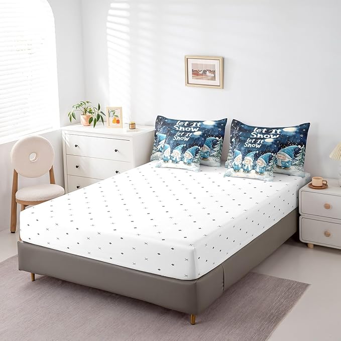 Castle Fairy Winter Night Comforter Set Bed in a Bag 7 Pieces King,Cute Gnome Retro Blue Tie Dye Bedding Set,Merry Christmas Theme (Comforter+Fitted+Flat Sheet+2 Pillowcases+2 Throw Pillow Covers)
