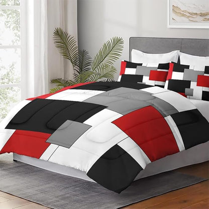 King Size Comforter Set with 2 Pillowcases, Black White Red Geometric Soft 3 Pcs Bedding for Kids and Adults Bedroom Bed Decor