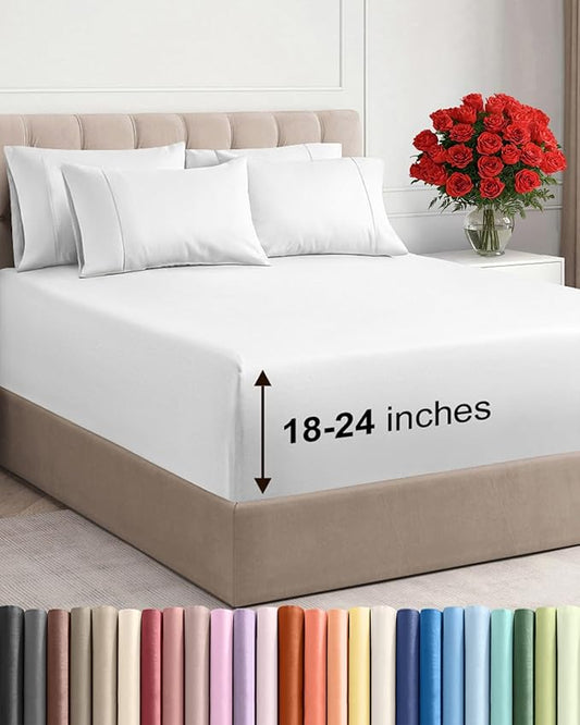 Extra Deep Queen Sheet Set - 6 Piece Breathable and Cooling Sheets - Hotel Luxury Bedding for Women, Men, Kids & Teens - Easy & Secure Fit - Soft, Wrinkle Free and Comfy - Extra Deep Pockets - White