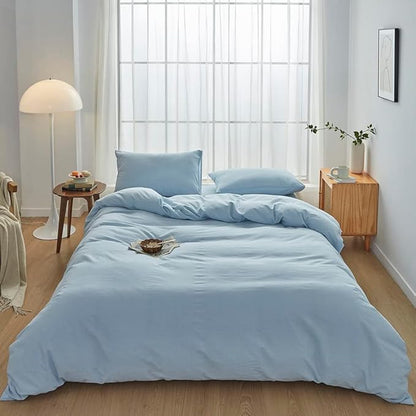 FACE TWO FACE Bedding Duvet Cover Set100% Washed Cotton Duvet Cover Linen Like Textured Breathable Durable Soft Comfy (King, Light Cyan)