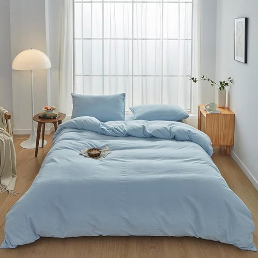 FACE TWO FACE Bedding Duvet Cover Set100% Washed Cotton Duvet Cover Linen Like Textured Breathable Durable Soft Comfy (King, Light Cyan)